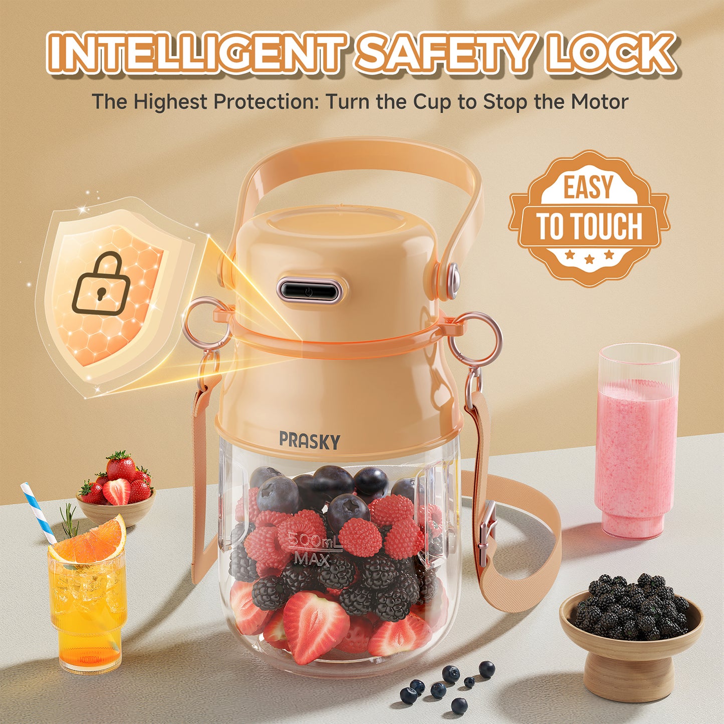 PRASKY Portable Blender, BPA Free 27oz for Juicer, Smoothies and Shakes (Orange)
