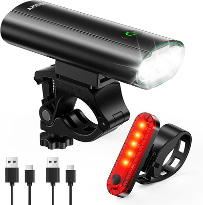 2B - Super Bright Bike Lights for Night Riding, USB Rechargeable Mountain Bicycle Headlight, Waterproof, 6+4 Light Modes Bike Light Set for Cyclists and Commuters