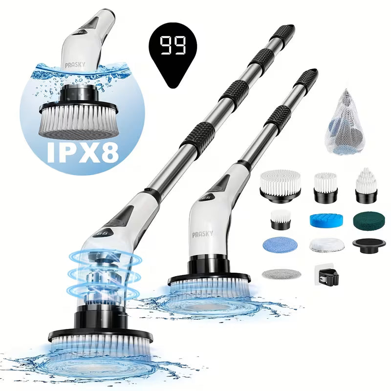 2026 Electric Spin Scrubber | Cordless, IPX8 Waterproof, LED Display, with 9 Replaceable Brush Heads and 4 Adjustable Extension Handles, for Bathroom, Kitchen, Tile, Floor, Household Cleaning, Portable, by PRASKY