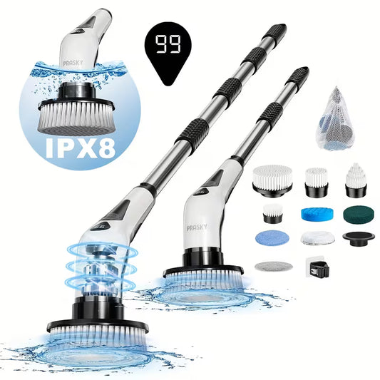 2026 Electric Spin Scrubber | Cordless, IPX8 Waterproof, LED Display, with 9 Replaceable Brush Heads and 4 Adjustable Extension Handles, for Bathroom, Kitchen, Tile, Floor, Household Cleaning, Portable, by PRASKY