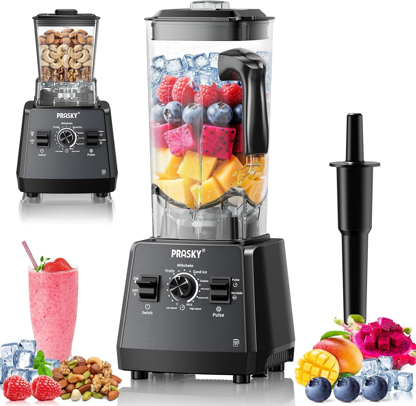 Blenders for Kitchen, Smoothie Blender, 2400W PRASKY Countertop Blender with 101oz Juice & Grinder Jar, BPA-Free, 25000 RPM Blender for Smoothies, Ice, Frozen Fruit (Gray, 3L)