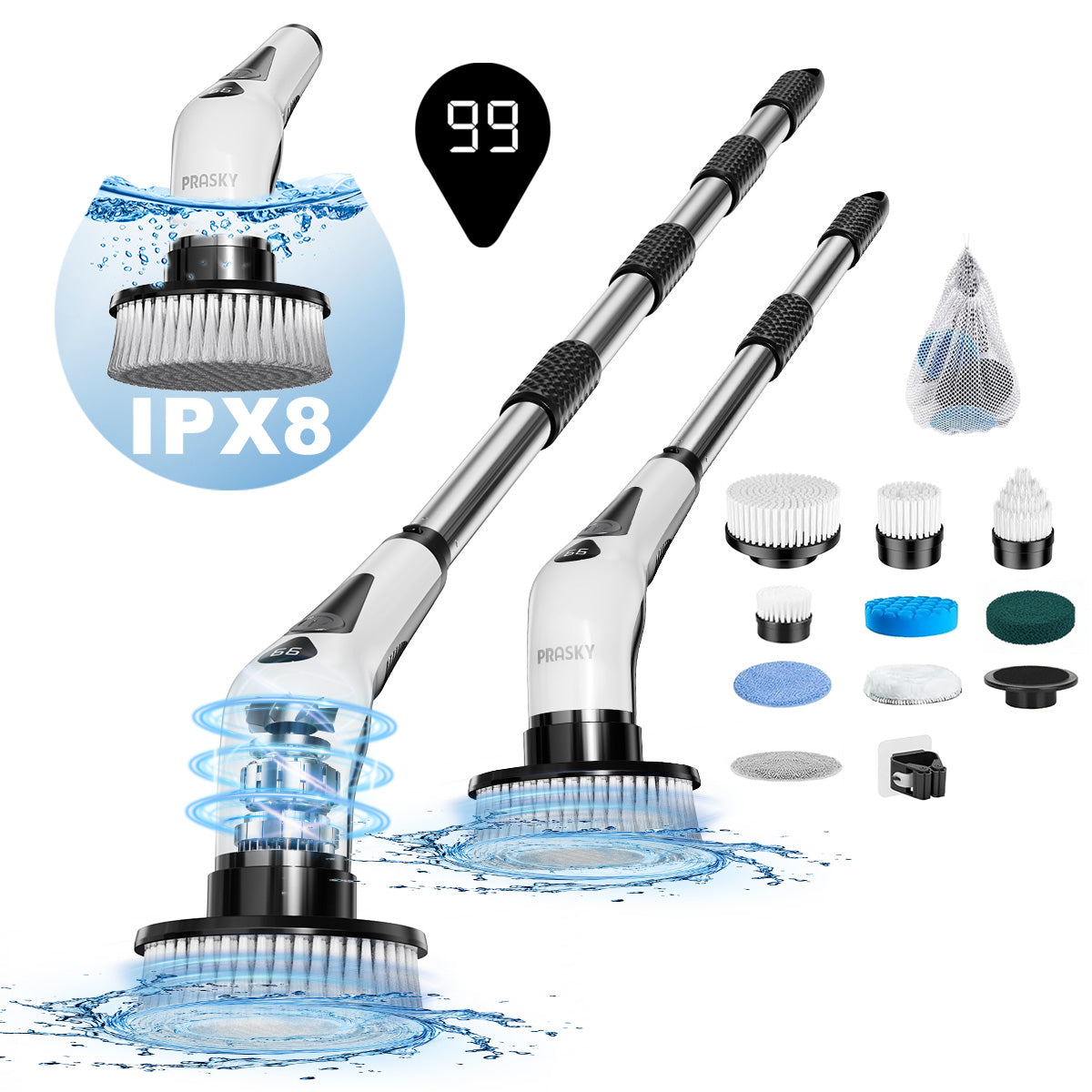 PRASKY Electric Spin Scrubber, Waterproof Shower Scrubber with Long Handle for Bathroom (White)