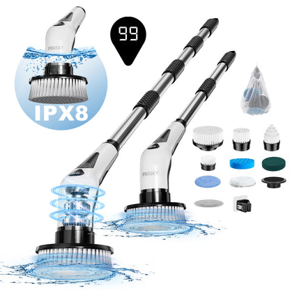 PRASKY Electric Spin Scrubber, Waterproof Shower Scrubber with Long Handle for Bathroom (White)
