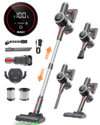 PRASKY Cordless Stick Vacuum Cleaner Adjustable Length Lightweight for Carpet Hard Floor Pet Hair