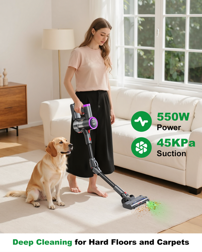 PRASKY Cordless Stick Vacuum Cleaner Bendable Lightweight for Carpet, Hard Floor, Pet Hair (Purple)