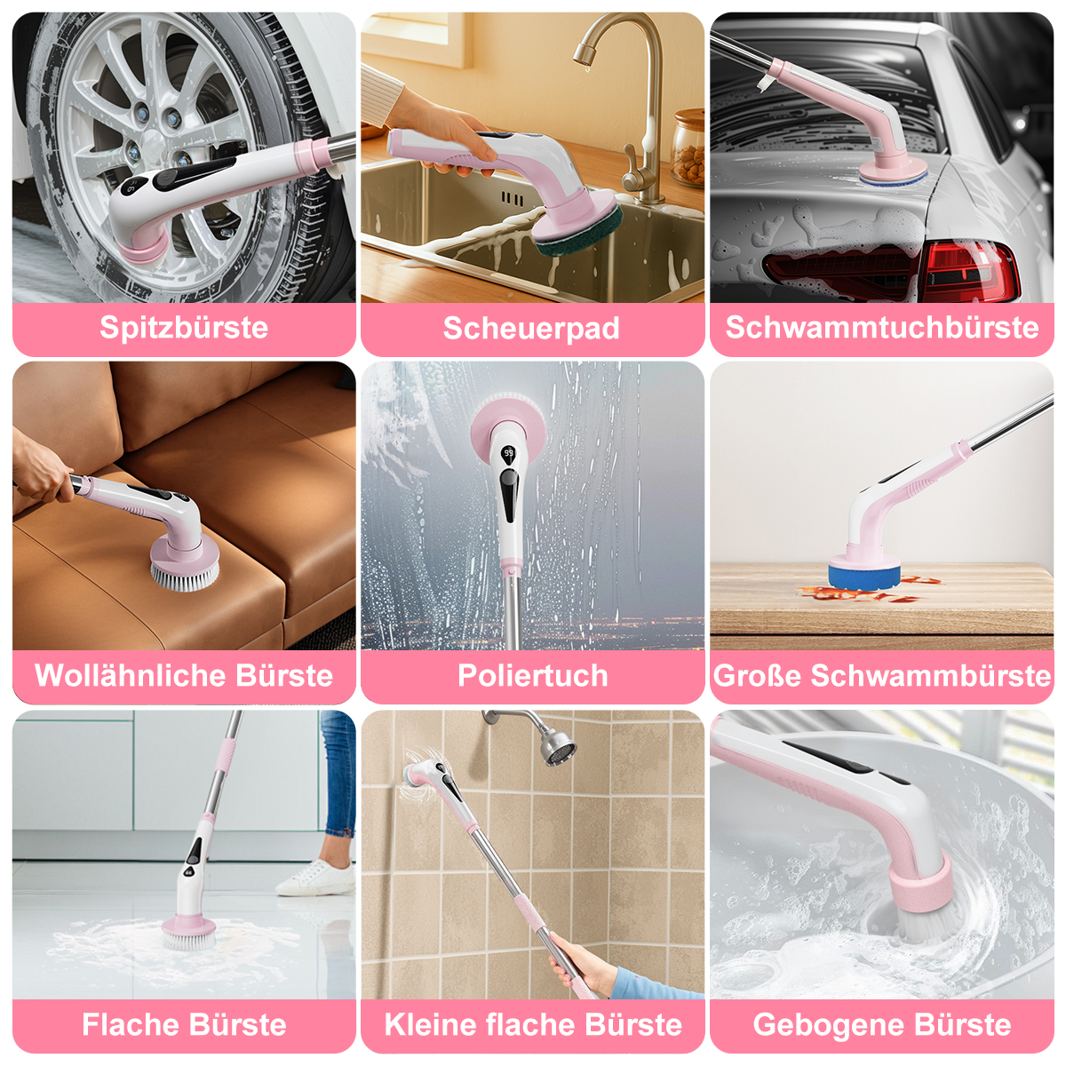 Cleaning Brush Set Electric Cleaning Brush with 9 Interchangeable Brush Heads, Multiple Detachable Parts, Electric Bath Brush, 9 Interchangeable Brush Heads Bathroom Cleaning Set, 30-130 cm Extension Pole with Digital Display