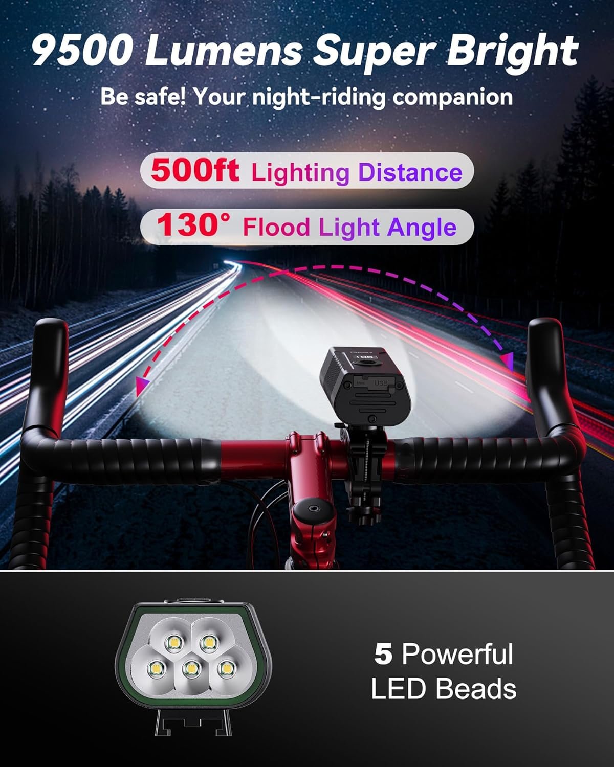 Bike Lights for Night Riding, 6+4 Modes LED Headlight and Taillight Set, 9000 Lumens USB-C Rechargeable, Waterproof Bicycle Front and Rear Lights for Cyclists and Commuters Accessories