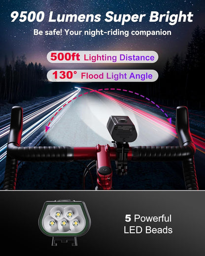 Bike Lights for Night Riding, 6+4 Modes LED Headlight and Taillight Set, 9000 Lumens USB-C Rechargeable, Waterproof Bicycle Front and Rear Lights for Cyclists and Commuters Accessories