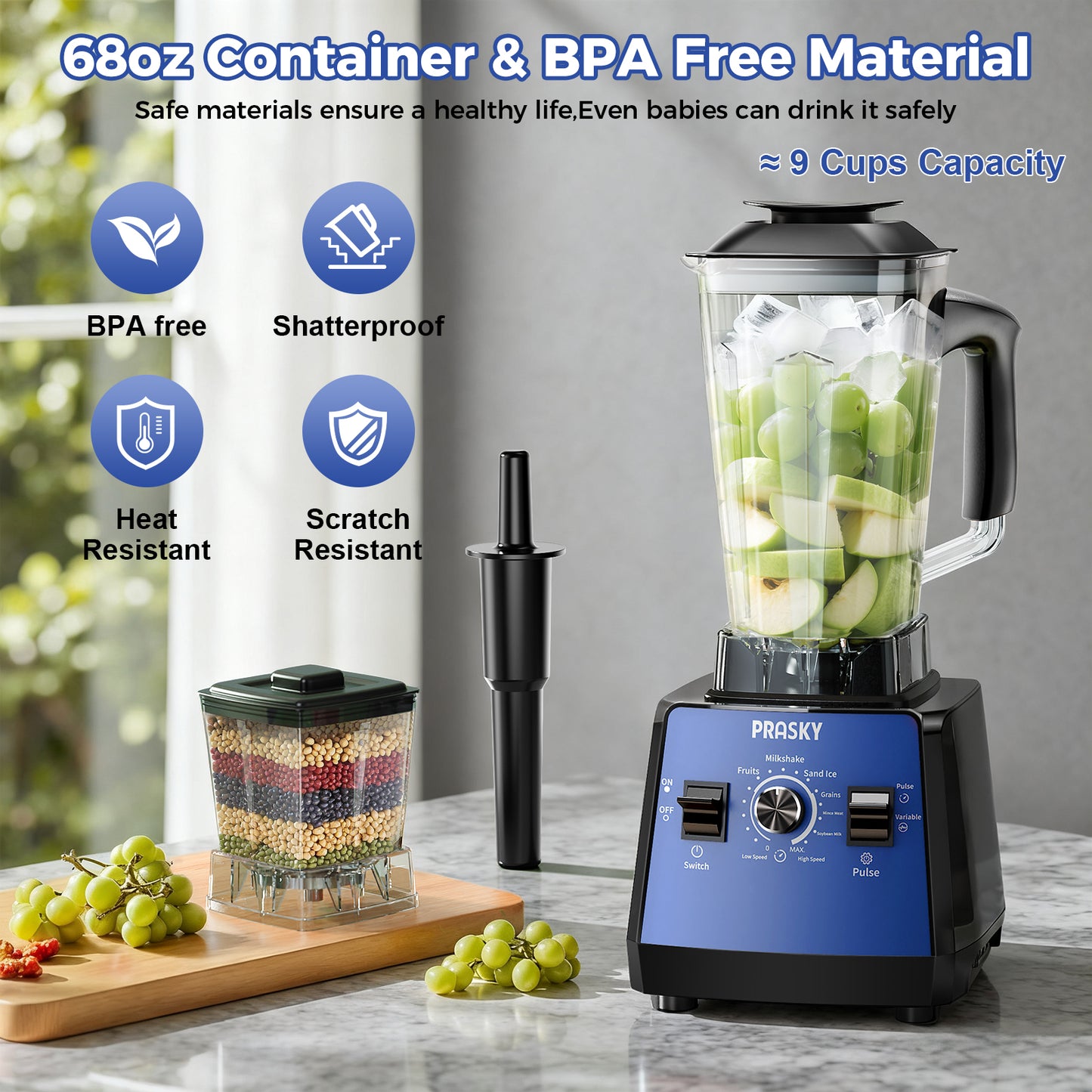 2026 PRASKY Countertop Blender, 2-in-1 Professional Blender, 68oz Capacity 1000W 6 Speeds Blender for Kitchen with 25oz to-go Cup (Blue)