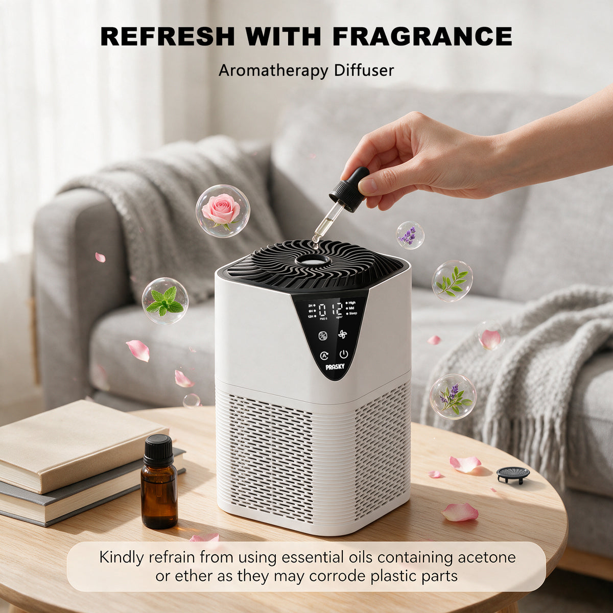 PRASKY Air Purifier for Home with Filter Brusher 1076 Sq Ft Coverage, True HEPA Filter for Pets, Smoke & Allergies | Quiet for Bedroom/Living Room (White)