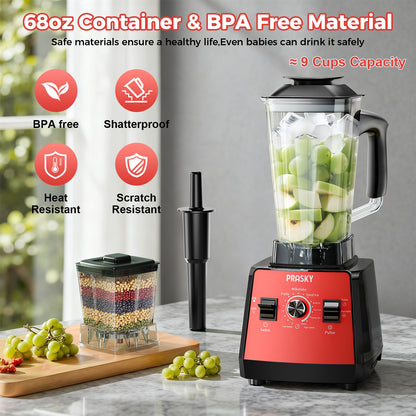 PRASKY Countertop Blender, 2-in-1 Professional Blender, 68oz Capacity 1000W 6 Speeds Blender for Kitchen with 25oz to-go Cup (Red)
