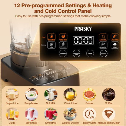 2B - PRASKY Countertop Blender with Heating, 55oz Glass Jar, 1000W Blender for Smoothie, Nut Milk, Soup