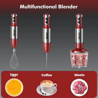 PRASKY Immersion Hand Blender, 6-in-1 Hand Blender for Kitchen, 20 Speeds Food Processor, Egg Whisk, Milk Frother, Beaker