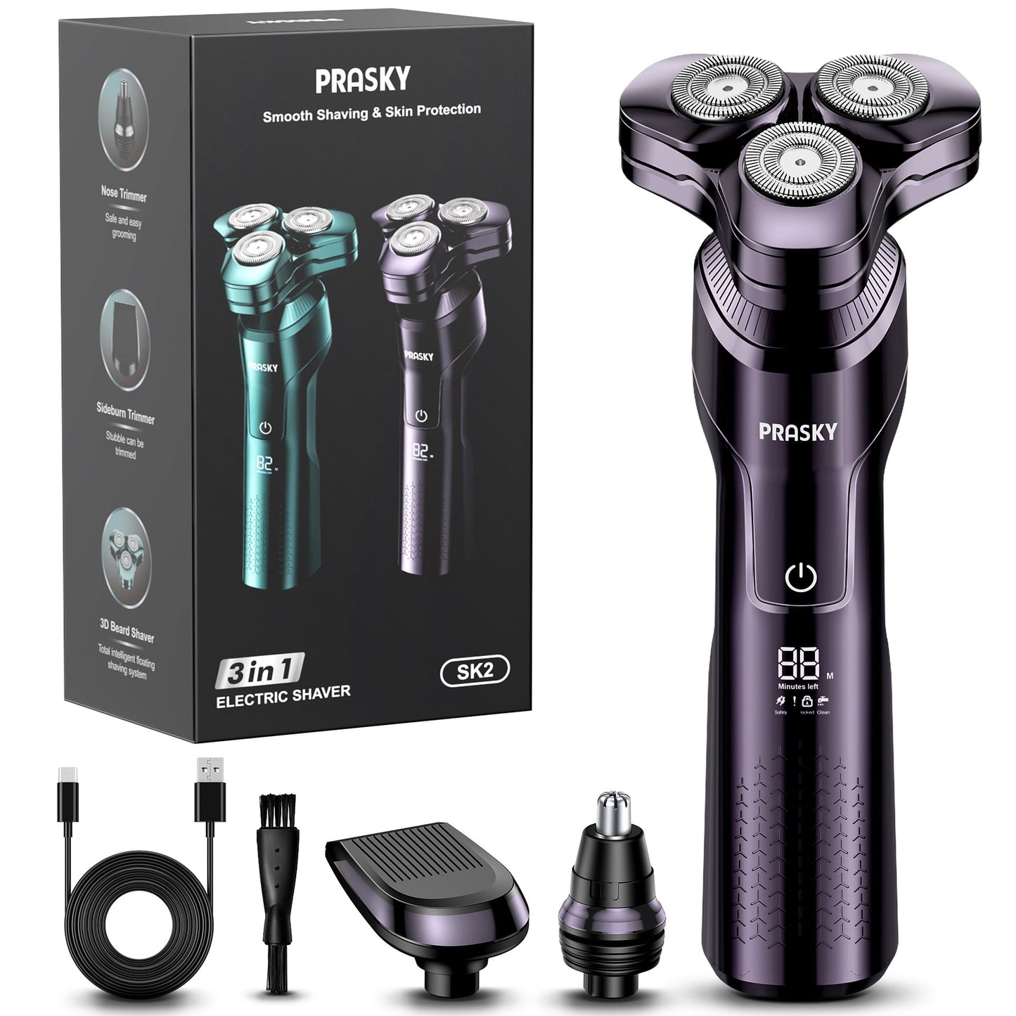 Electric Razor for Men, 3-in-1 Face Shaver, Rotary LED Display, Rechargeable, Floating Head, Replaceable Blades, Portable Travel Beard Trimmer, Hair Clippers Kit, Ideal Gift - Purple
