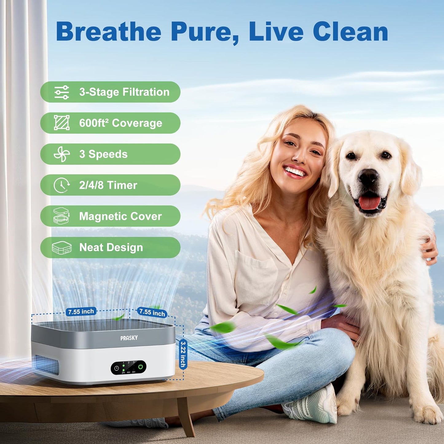 2B - PRASKY Air Purifiers,  True HEPA Air Cleaner with 3 Speeds and Timers for Home, Office, Up to 600 ft² (Gray)