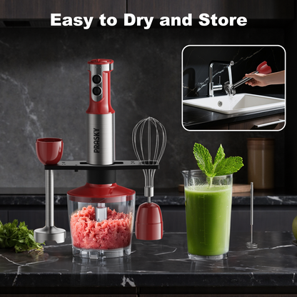 PRASKY Immersion Hand Blender, 6-in-1 Handheld Blender for Kitchen, 20 Speeds Food Processor, Egg Whisk, Milk Frother, Beaker (Red)