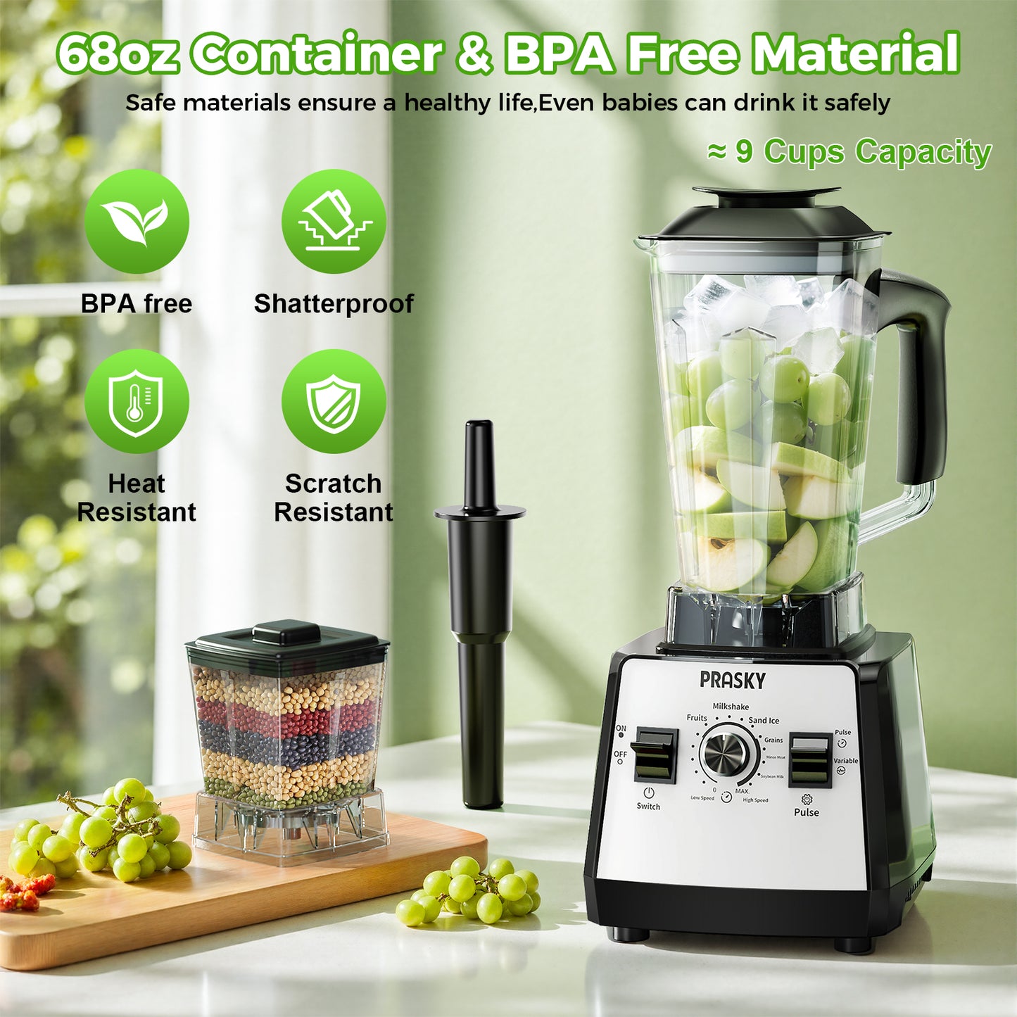 PRASKY Countertop Blender, 2-in-1 Professional Blender, 68oz Capacity 1000W 6 Speeds Blender for Kitchen with 25oz to-go Cup (White)