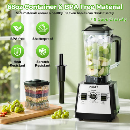 PRASKY Countertop Blender, 2-in-1 Professional Blender, 68oz Capacity 1000W 6 Speeds Blender for Kitchen with 25oz to-go Cup (White)