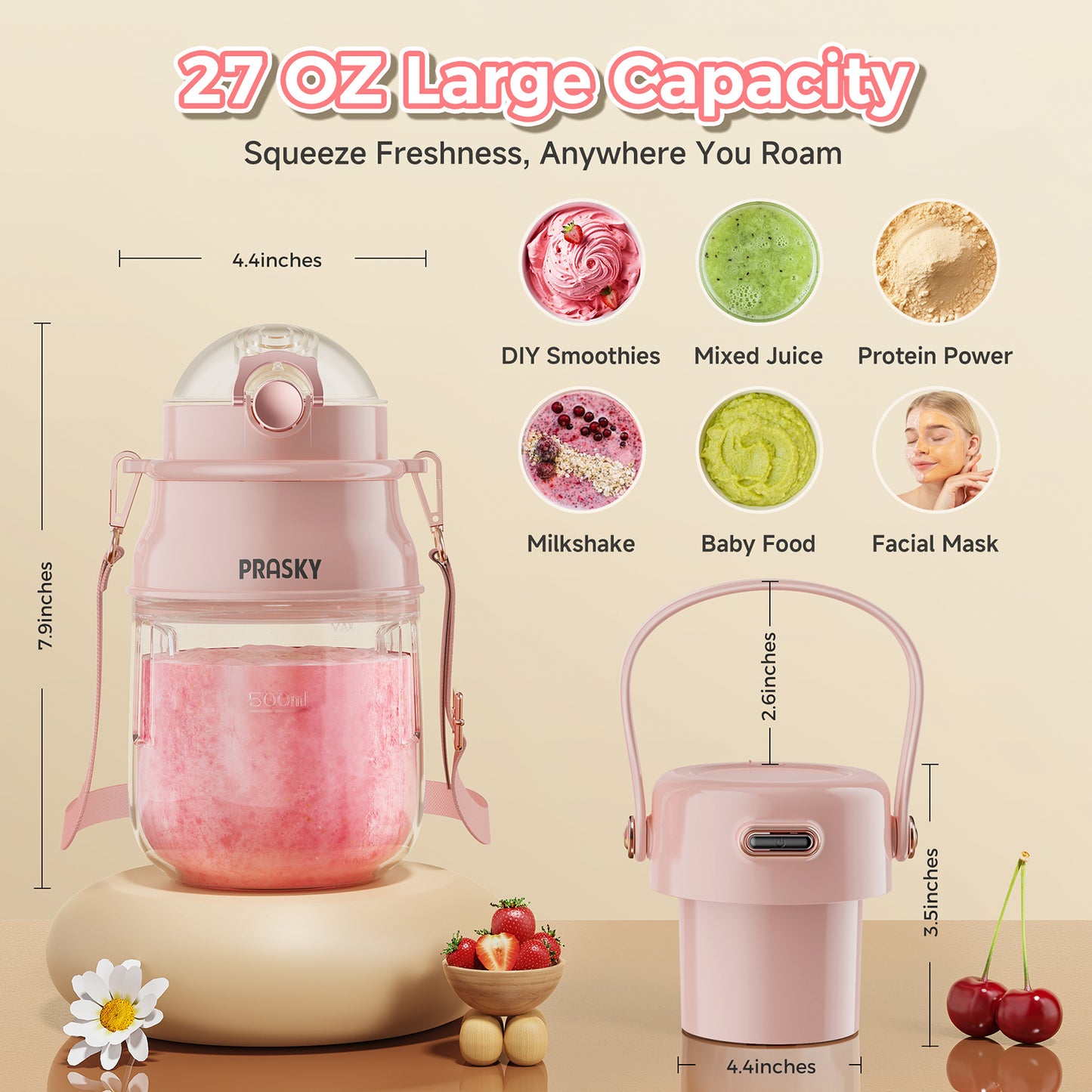 PRASKY Portable Blender, BPA Free 27oz for Juicer, Smoothies and Shakes (Pink)