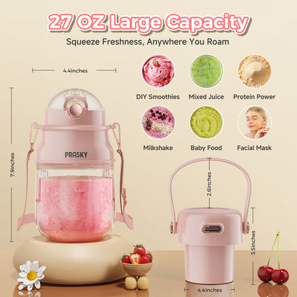 PRASKY Portable Blender, BPA Free 27oz for Juicer, Smoothies and Shakes (Pink)