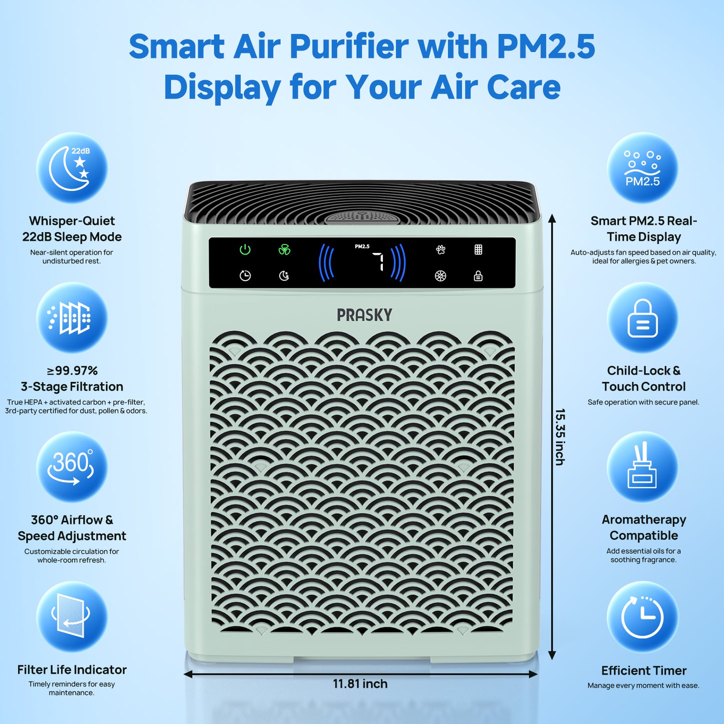 PRASKY Air Purifier for Home Large Room up to 2250 Sq ft, Remove Smoke Dust Allergies