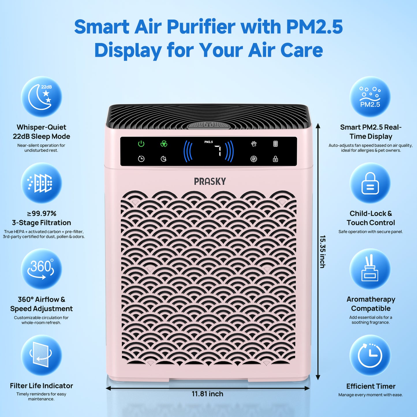 PRASKY Air Purifier for Home Large Room up to 2250 Sq ft, Remove Smoke Dust Allergies