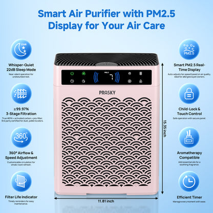 PRASKY Air Purifier for Home Large Room up to 2250 Sq ft, Remove Smoke Dust Allergies
