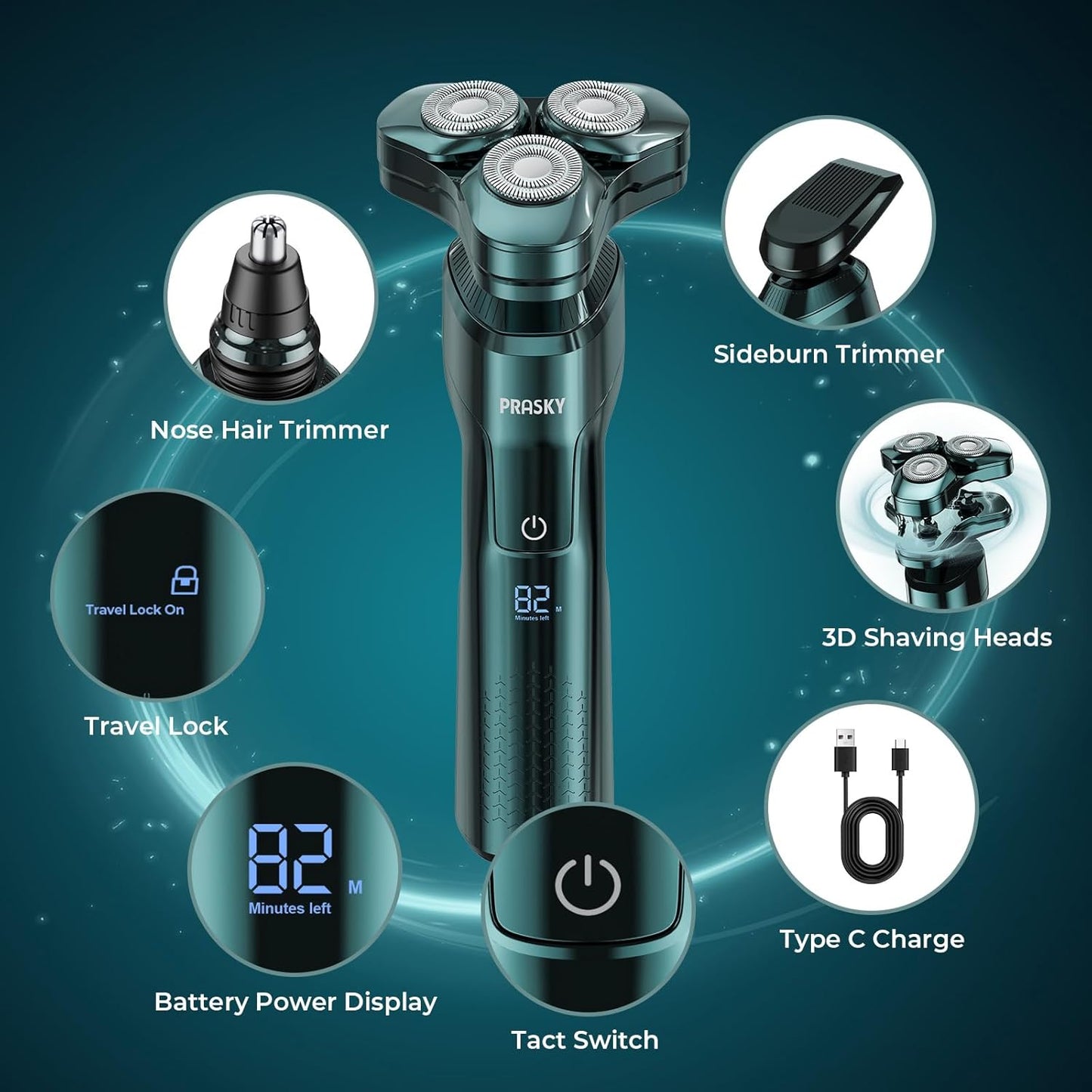 Rasoir électrique pour homme, rasoir visage 3 en 1, écran LED rotatif, rechargeable, tête flottante, lames remplaçables, tondeuse à barbe de voyage portable, kit tondeuse à cheveux 
