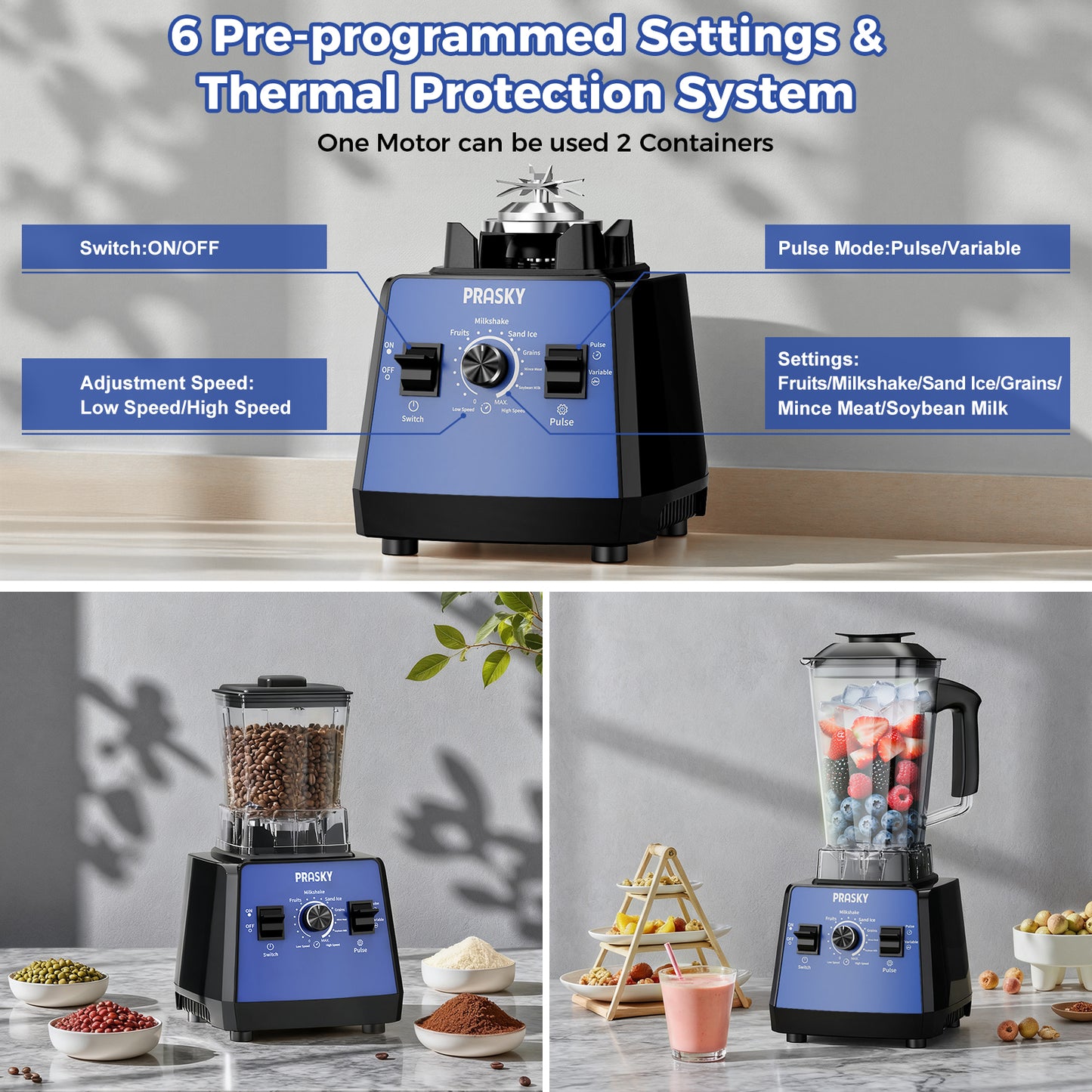 2026 PRASKY Countertop Blender, 2-in-1 Professional Blender, 68oz Capacity 1000W 6 Speeds Blender for Kitchen with 25oz to-go Cup (Blue)