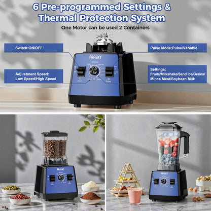 2026 PRASKY Countertop Blender, 2-in-1 Professional Blender, 68oz Capacity 1000W 6 Speeds Blender for Kitchen with 25oz to-go Cup (Blue)