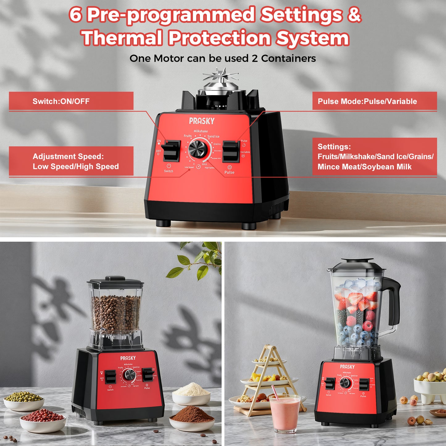 PRASKY Countertop Blender, 2-in-1 Professional Blender, 68oz Capacity 1000W 6 Speeds Blender for Kitchen with 25oz to-go Cup (Red)