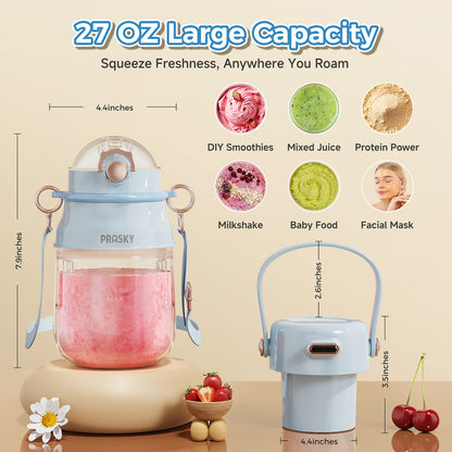 PRASKY Portable Blender, BPA Free 27oz for Juicer, Smoothies and Shakes (Blue)