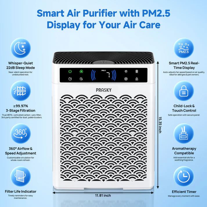 2026 Air Purifier, PRASKY Air Purifier for Home Large Room with Activated Carbon & True HEPA Air Filters Up To 99.97% of Dust Pets Smoke Pollen Dander Smell Hair, Air Cleaner Office, Dorm room, Pets, Car