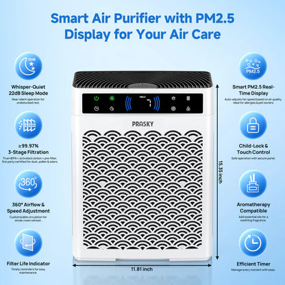 2026 Air Purifier, PRASKY Air Purifier for Home Large Room with Activated Carbon & True HEPA Air Filters Up To 99.97% of Dust Pets Smoke Pollen Dander Smell Hair, Air Cleaner Office, Dorm room, Pets, Car