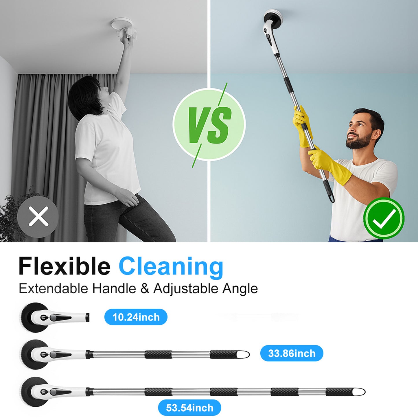 PRASKY Electric Spin Scrubber, Waterproof Shower Scrubber with Long Handle for Bathroom (White)