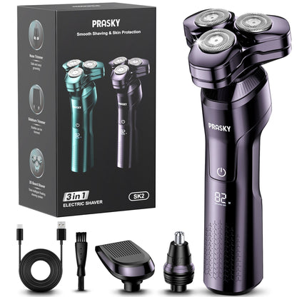 Electric Razor for Men, 3-in-1 Face Shaver, Rotary LED Display, Rechargeable, Floating Head, Replaceable Blades, Portable Travel Beard Trimmer, Hair Clippers Kit, Ideal Gift - Purple