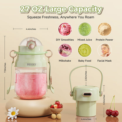 PRASKY Portable Blender, BPA Free 27oz for Juicer, Smoothies and Shakes (Green)