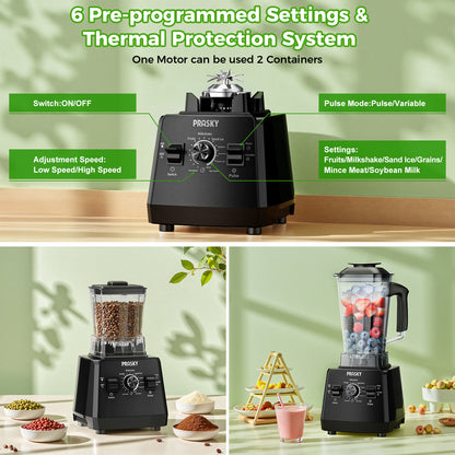 PRASKY Countertop Blender, 2-in-1 Professional Blender, 68oz Capacity 1000W 6 Speeds Blender for Kitchen with 25oz to-go Cup (Black)