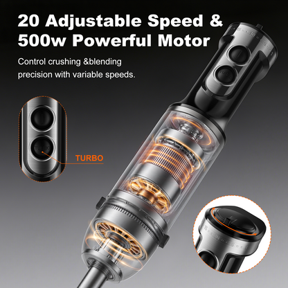 PRASKY Immersion Hand Blender, 6-in-1 Handheld Blender for Kitchen, 20 Speeds Food Processor, Egg Whisk, Milk Frother, Beaker (Black)