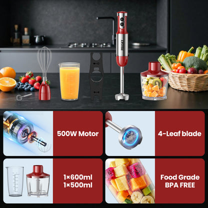 PRASKY Immersion Hand Blender, 6-in-1 Hand Blender for Kitchen, 20 Speeds Food Processor, Egg Whisk, Milk Frother, Beaker
