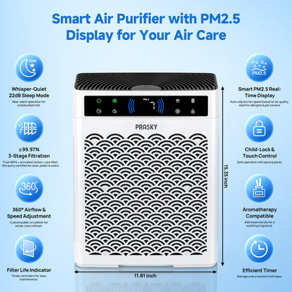 Air Purifier, PRASKY Air Purifier for Home Large Room with Activated Carbon & True HEPA Air Filters Up To 99.97% of Dust Pets Smoke Pollen Dander Smell Hair, Air Cleaner Office, Dorm room, Pets, Car