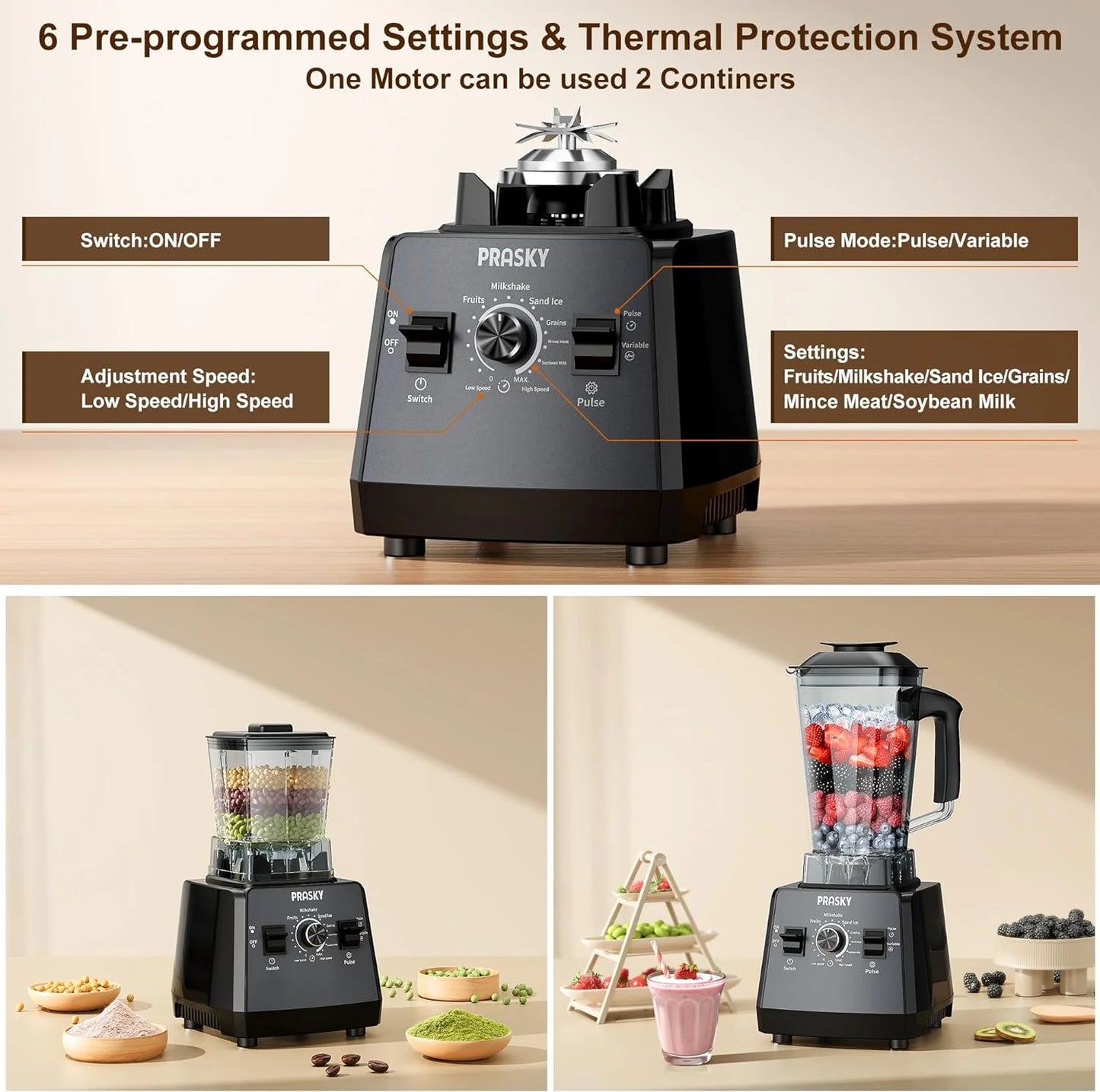 PRASKY Countertop Blender, Blenders for Kitchen with 1000W Motor, 70oz Large Capacity, Professional Blenders for Smoothies, Juicers, Coffee Beans, Grains, and Spices (Black)