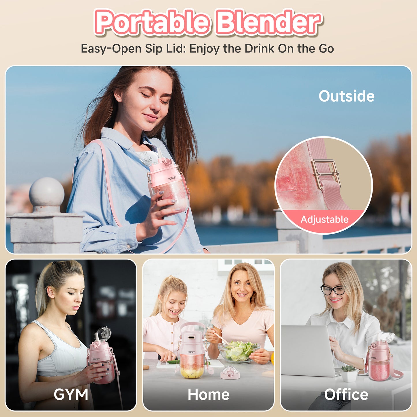 PRASKY Portable Blender, BPA Free 27oz for Juicer, Smoothies and Shakes (Pink)