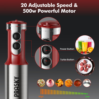 PRASKY Immersion Hand Blender, 6-in-1 Hand Blender for Kitchen, 20 Speeds Food Processor, Egg Whisk, Milk Frother, Beaker
