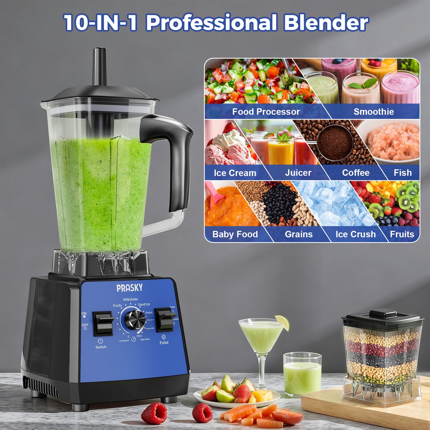 2026 PRASKY Countertop Blender, 2-in-1 Professional Blender, 68oz Capacity 1000W 6 Speeds Blender for Kitchen with 25oz to-go Cup (Blue)