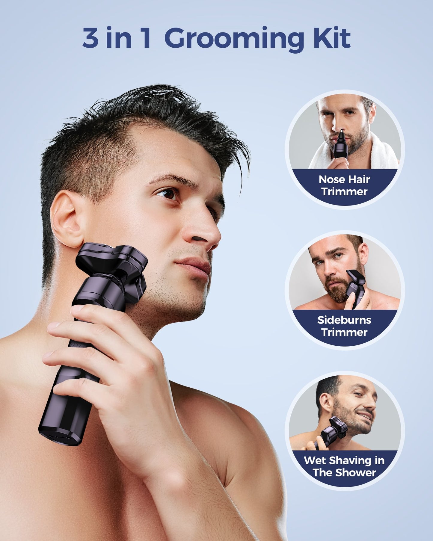 Electric Razor for Men, 3-in-1 Face Shaver, Rotary LED Display, Rechargeable, Floating Head, Replaceable Blades, Portable Travel Beard Trimmer, Hair Clippers Kit, Ideal Gift - Purple