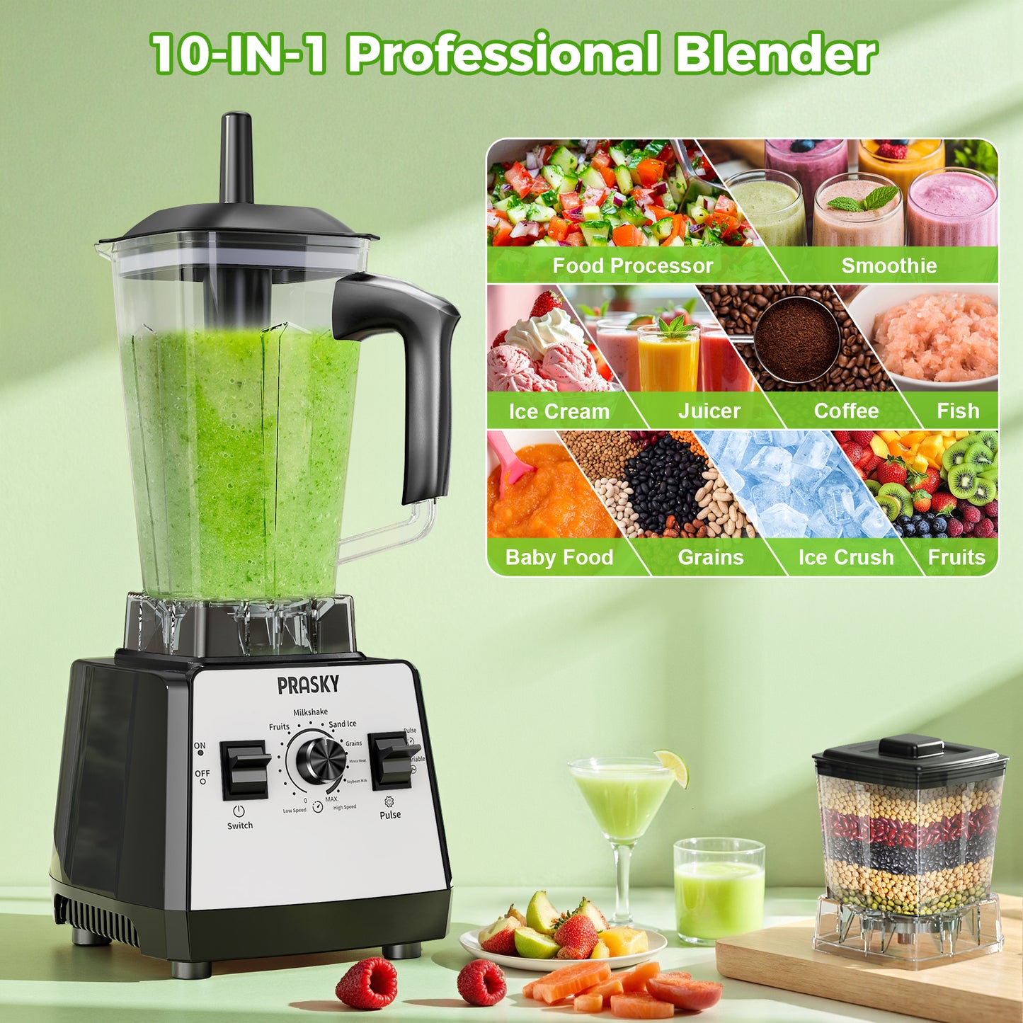 PRASKY Countertop Blender, 2-in-1 Professional Blender, 68oz Capacity 1000W 6 Speeds Blender for Kitchen with 25oz to-go Cup (White)