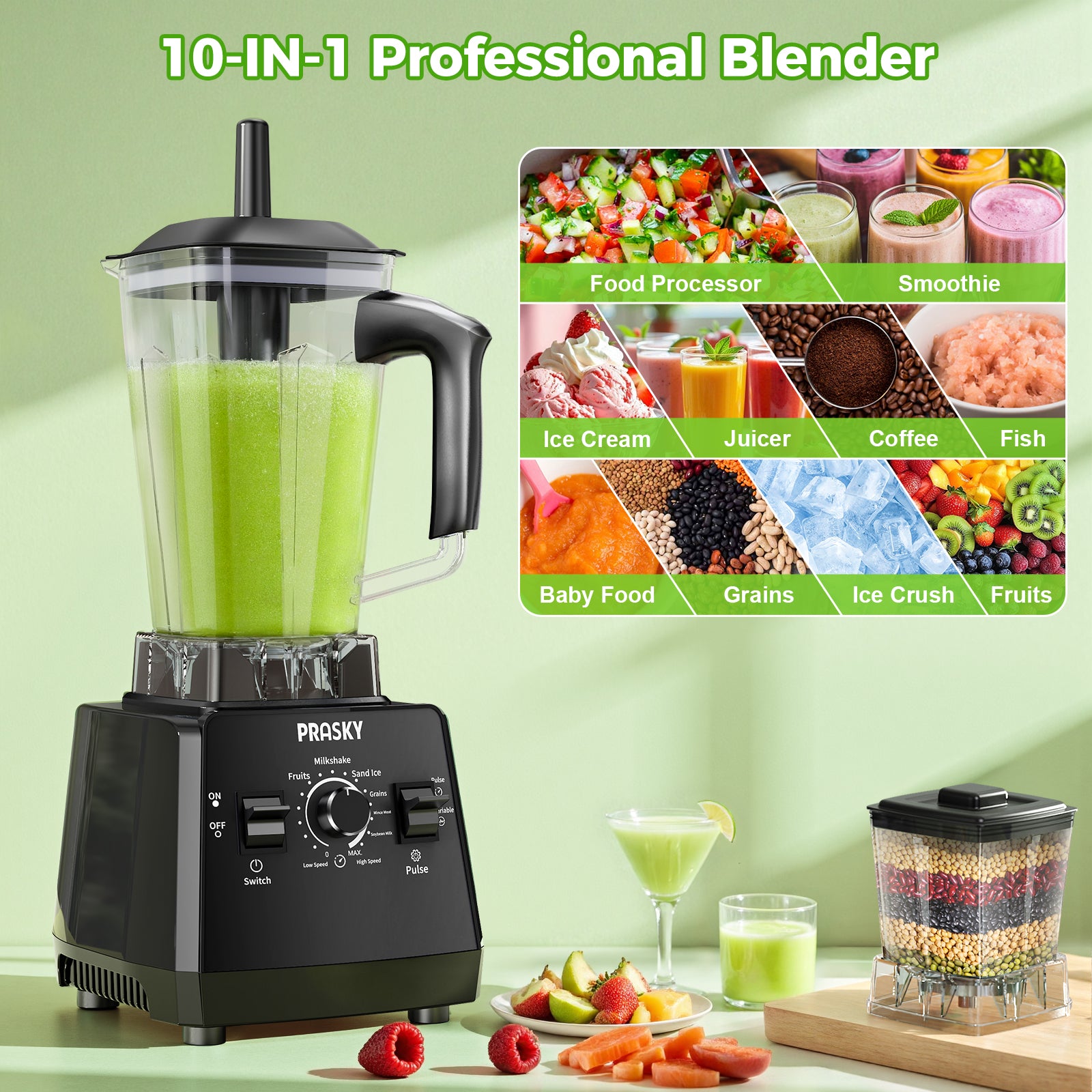 PRASKY Countertop Blender, 2-in-1 Professional Blender, 68oz