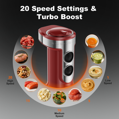 PRASKY Immersion Hand Blender, 6-in-1 Handheld Blender for Kitchen, 20 Speeds Food Processor, Egg Whisk, Milk Frother, Beaker (Red)