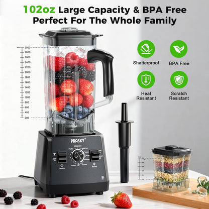 Blenders for Kitchen, Smoothie Blender, 2400W PRASKY Countertop Blender with 101oz Juice & Grinder Jar, BPA-Free, 25000 RPM Blender for Smoothies, Ice, Frozen Fruit (Gray, 3L)
